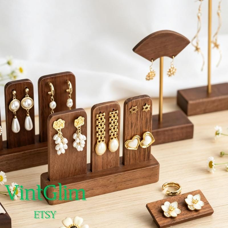 Walnut Wood Earring Display Stand, T-Bar Jewelry Holder for Retail