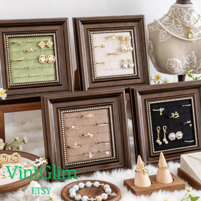 Velvet Lined Wood Frame Jewelry Display Stand, Ring Earring Holder, Desktop Organizer