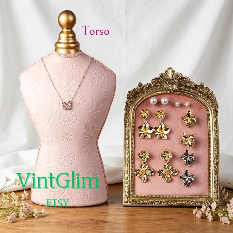 Pink Mannequin Bust Necklace Display Set, Velvet Jewelry Stand for Retail Jewelry Shop Business