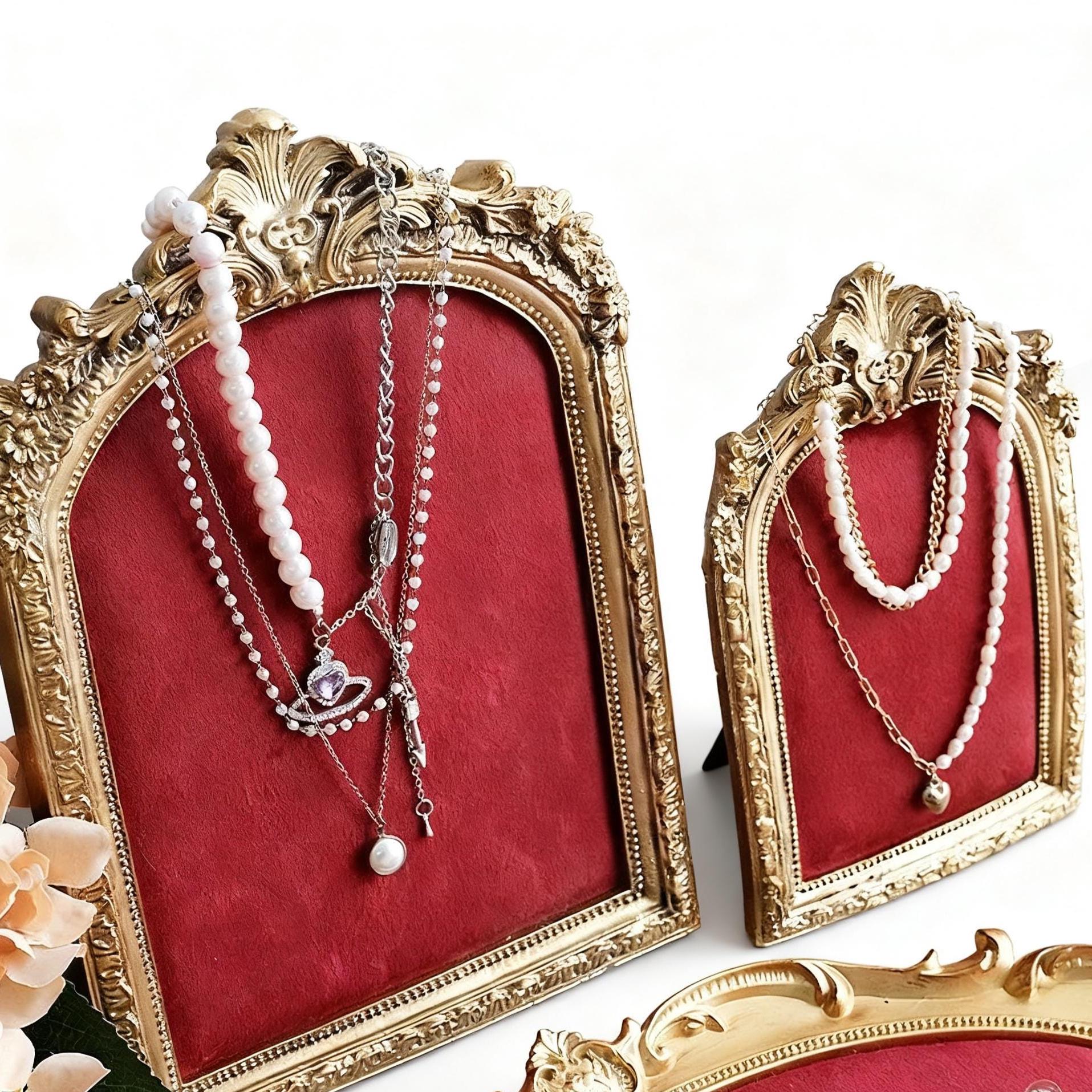 Baroque Red Velvet Jewelry Organizer Set: Gold Necklace & Ring Holder, Vanity Organizer
