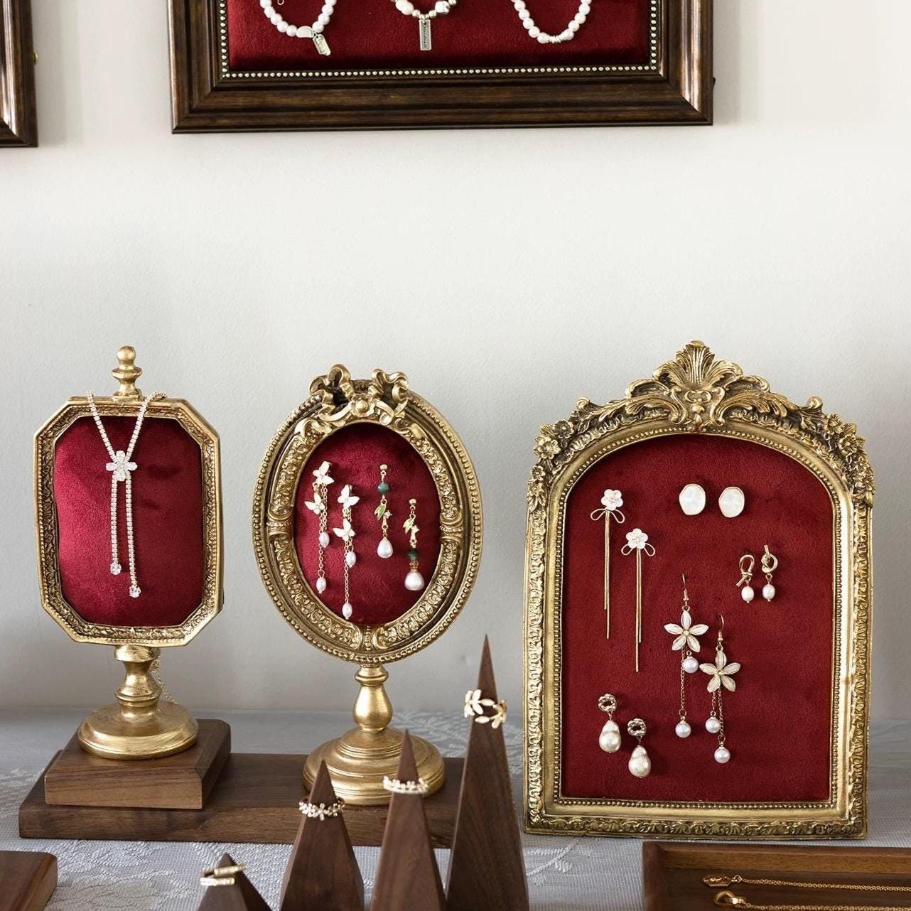 Burgundy Velvet Jewelry Display Set: Baroque Necklace, Ring & Earring Holder