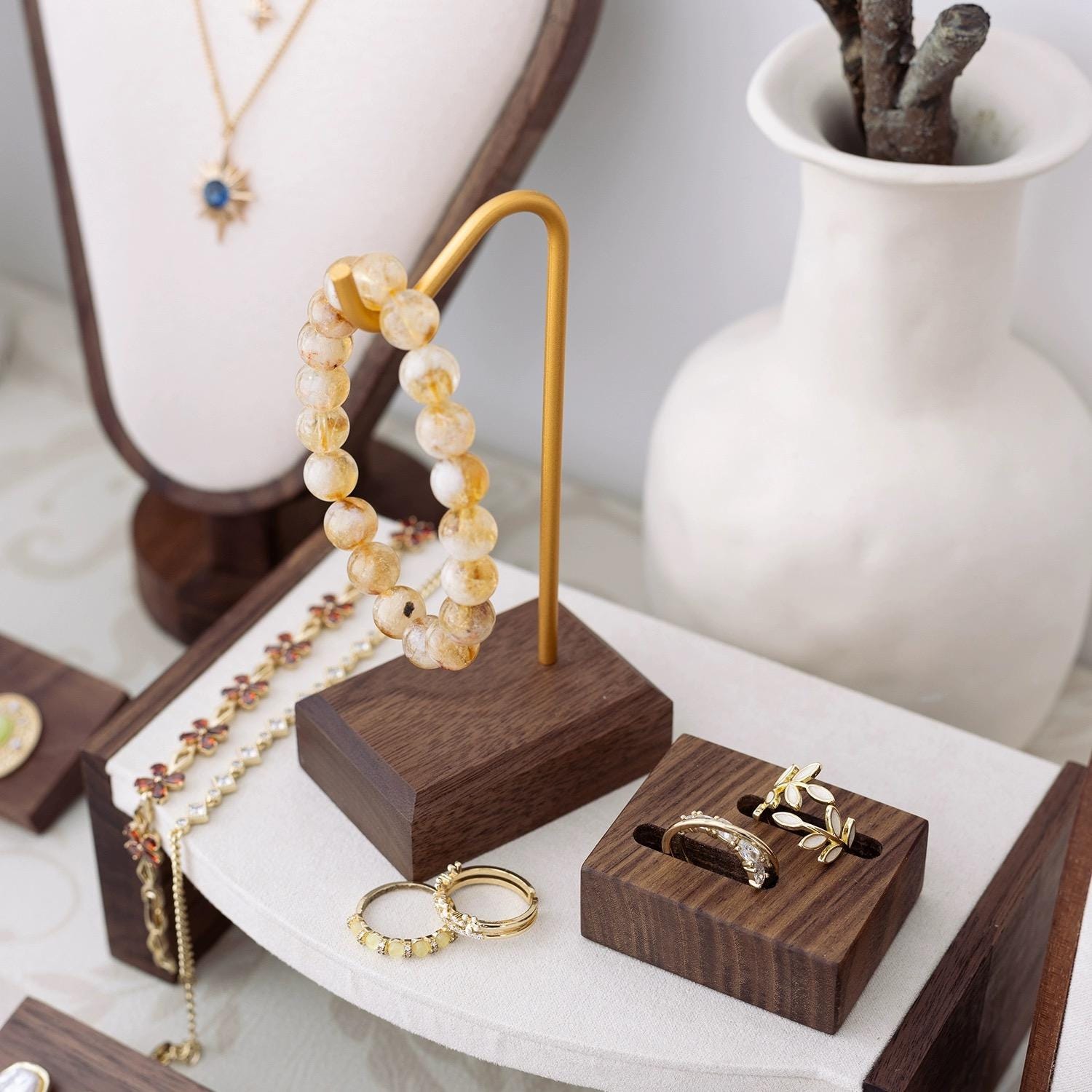 Luxury Gold & Wood Jewelry Bracelet Display Stand - Necklace Bracelet Holder for Modern Home Decor, Wedding/Birthday Gift for Jewelry Lovers