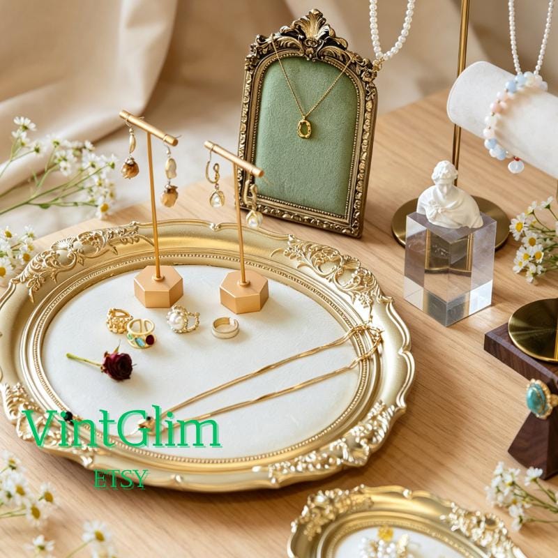 Ornate Gold Jewelry Tray, Velvet Lined Display for Earrings & Rings