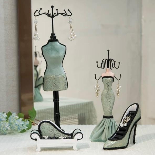 Teal Velvet Jewelry Holder Set: Mannequin, Ring Stand, Chaise Lounge