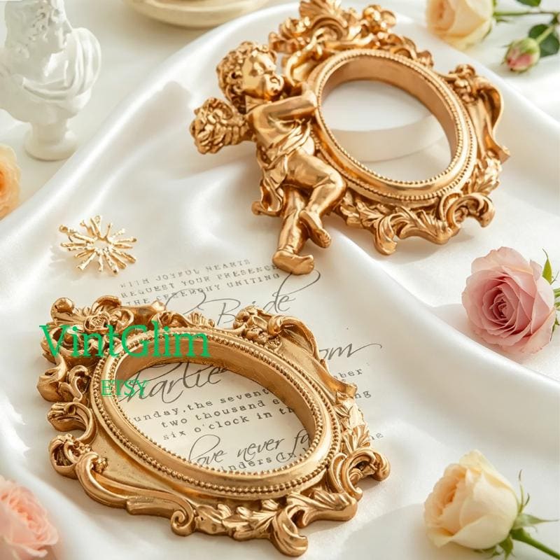 Ornate Gold Angel Frame | Baroque Jewelry Photo Prop for Flat Lay & Content Creation DIY