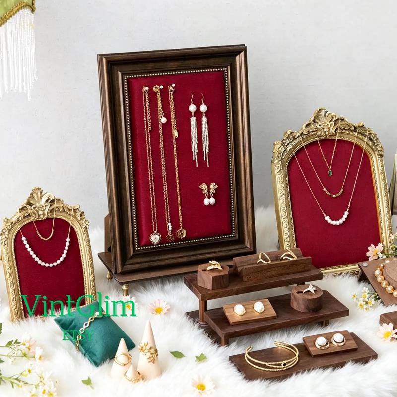 Red Velvet Jewelry Display Frame, Pinboard, Ornate Gold Baroque, Dark Wood Stand