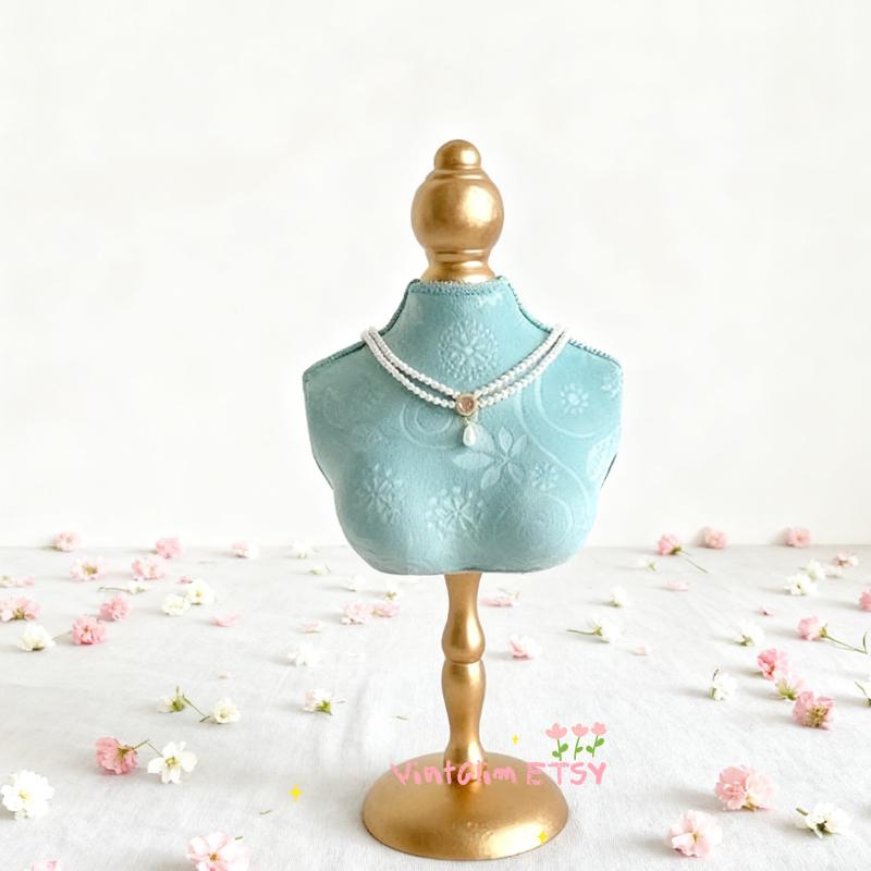 Vintage Rose Print Jewelry Bust Stand: Baroque Necklace Ring Holder