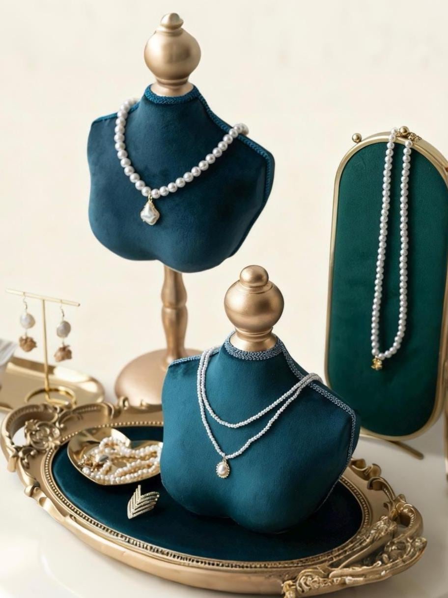 Baroque Teal Velvet Jewelry Bust Torso Necklace Holder, Home Decor Earring Organizer, Heirloom Display