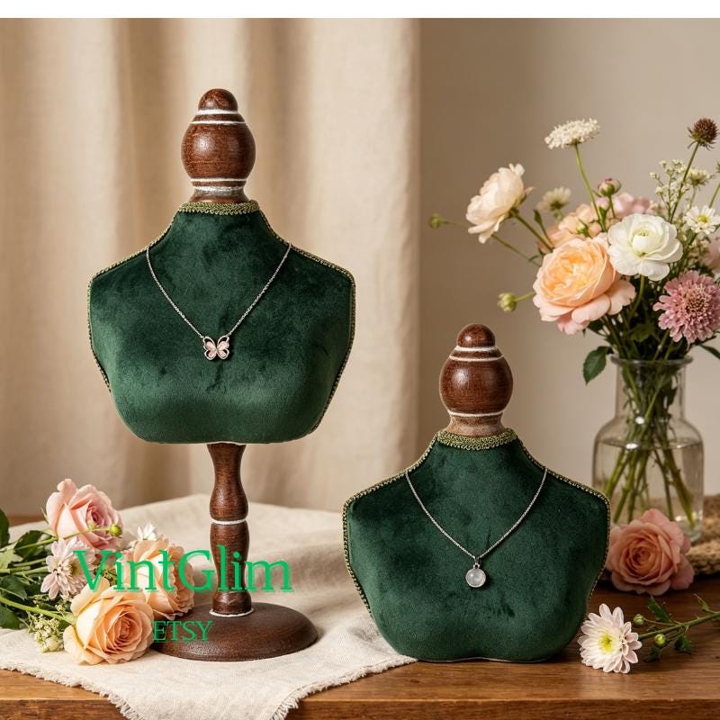 Velvet Bust Necklace Display, Wooden Base Jewelry Mannequin Stand for Photoshoot & Retail, Home Decor