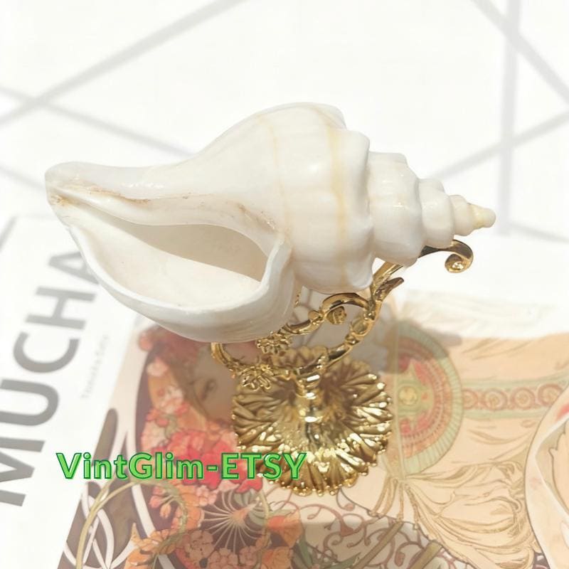 Handmade Conch Shell Cup with Metal Stand: Coastal Home Decor