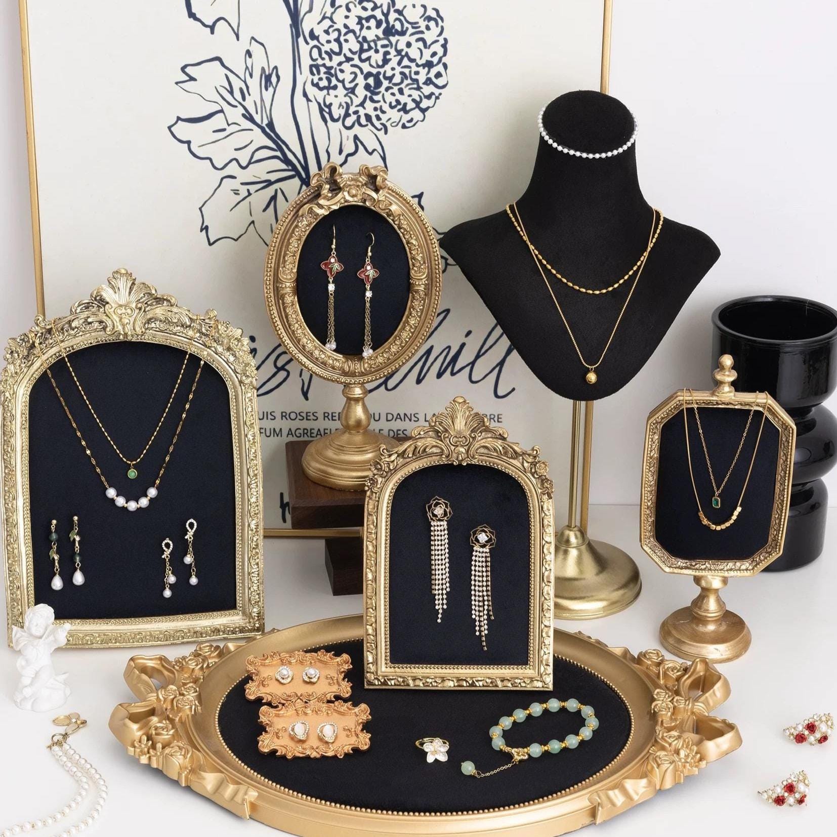 Baroque Gold Jewelry Stand Set: Necklace & Earring Display Tray, Classic Ebony, Home Decor Gift
