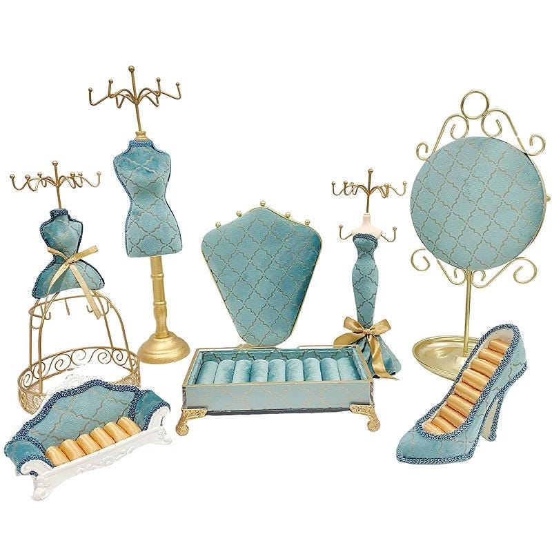 Teal Velvet Jewelry Organizer Set: High Heel Ring Box & Mannequin Holders