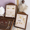 Walnut Wood Jewelry Holder Stand: Velvet Lined Ring, Necklace & Earring Display