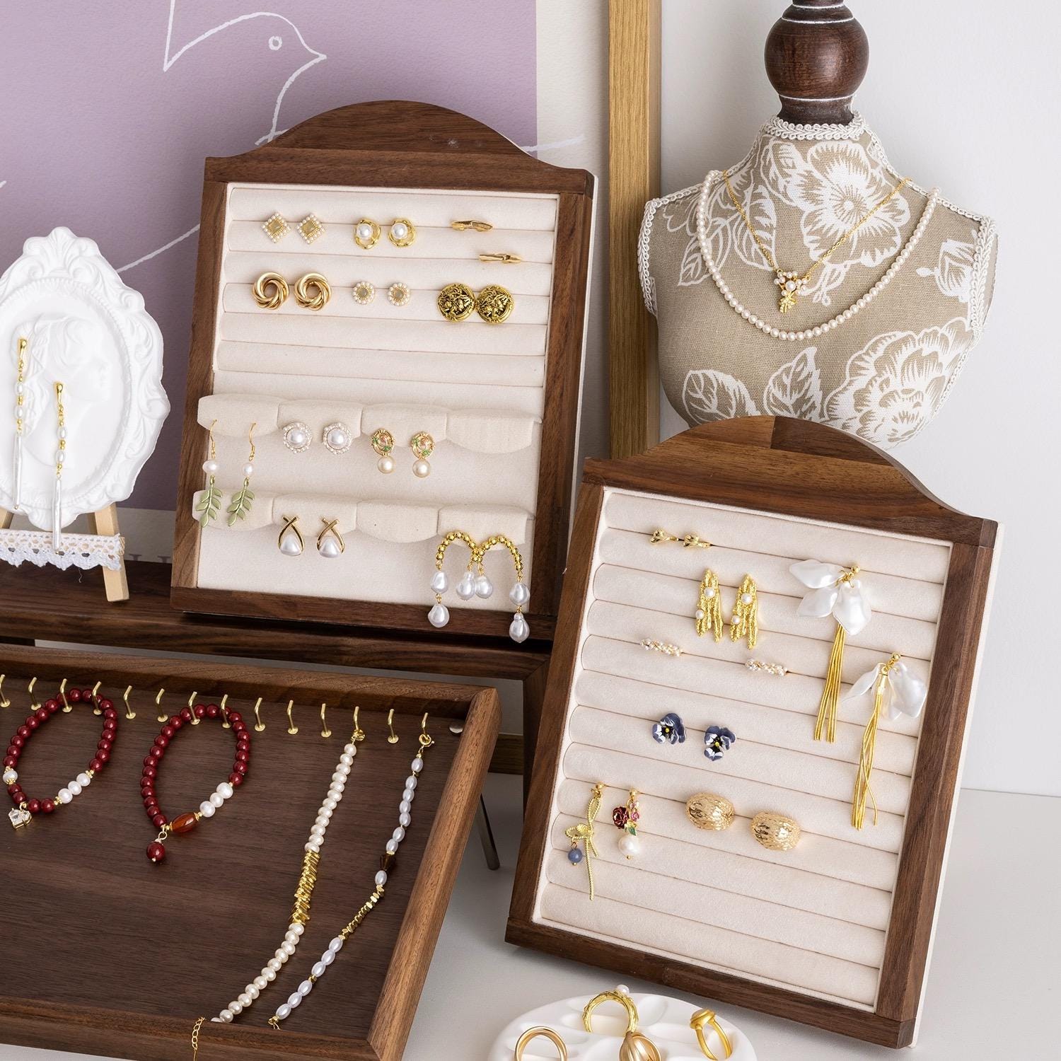 Walnut Wood Jewelry Holder Stand: Velvet Lined Ring, Necklace & Earring Display
