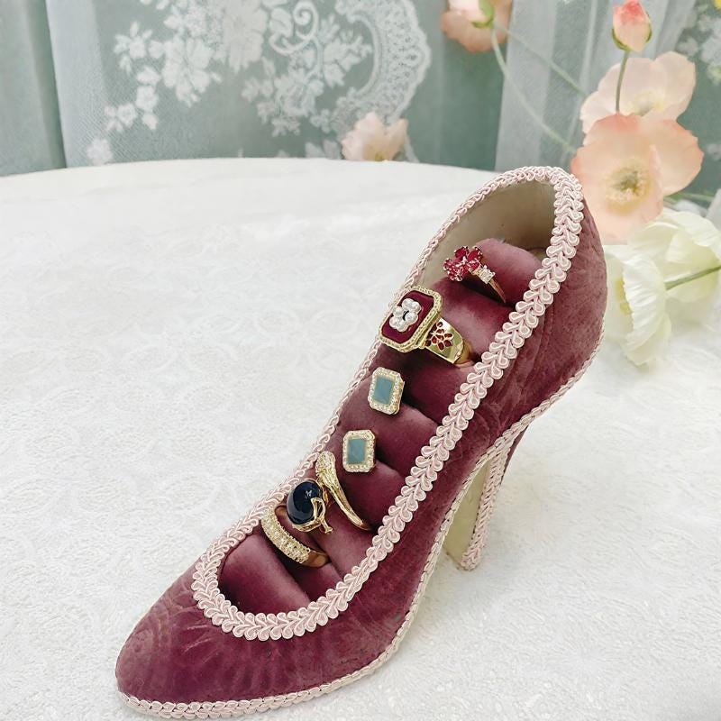 Handmade Pink Velvet High Heel Jewelry Holder: Baroque Ring & Earring Display