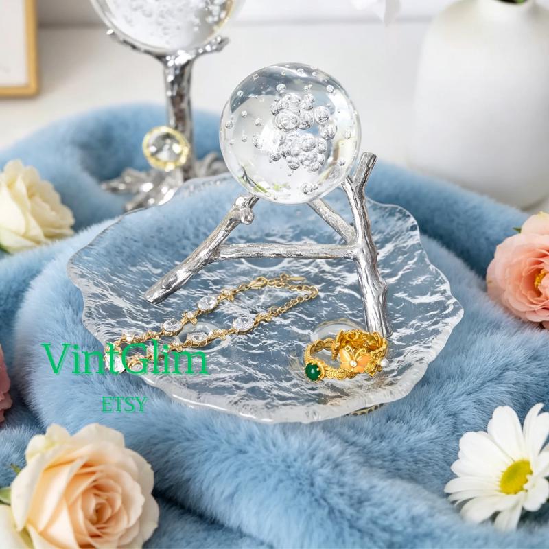 Silver Crystal Ball Display Stand, Metal Sphere Holder & Jewelry Organizer for Home Decor