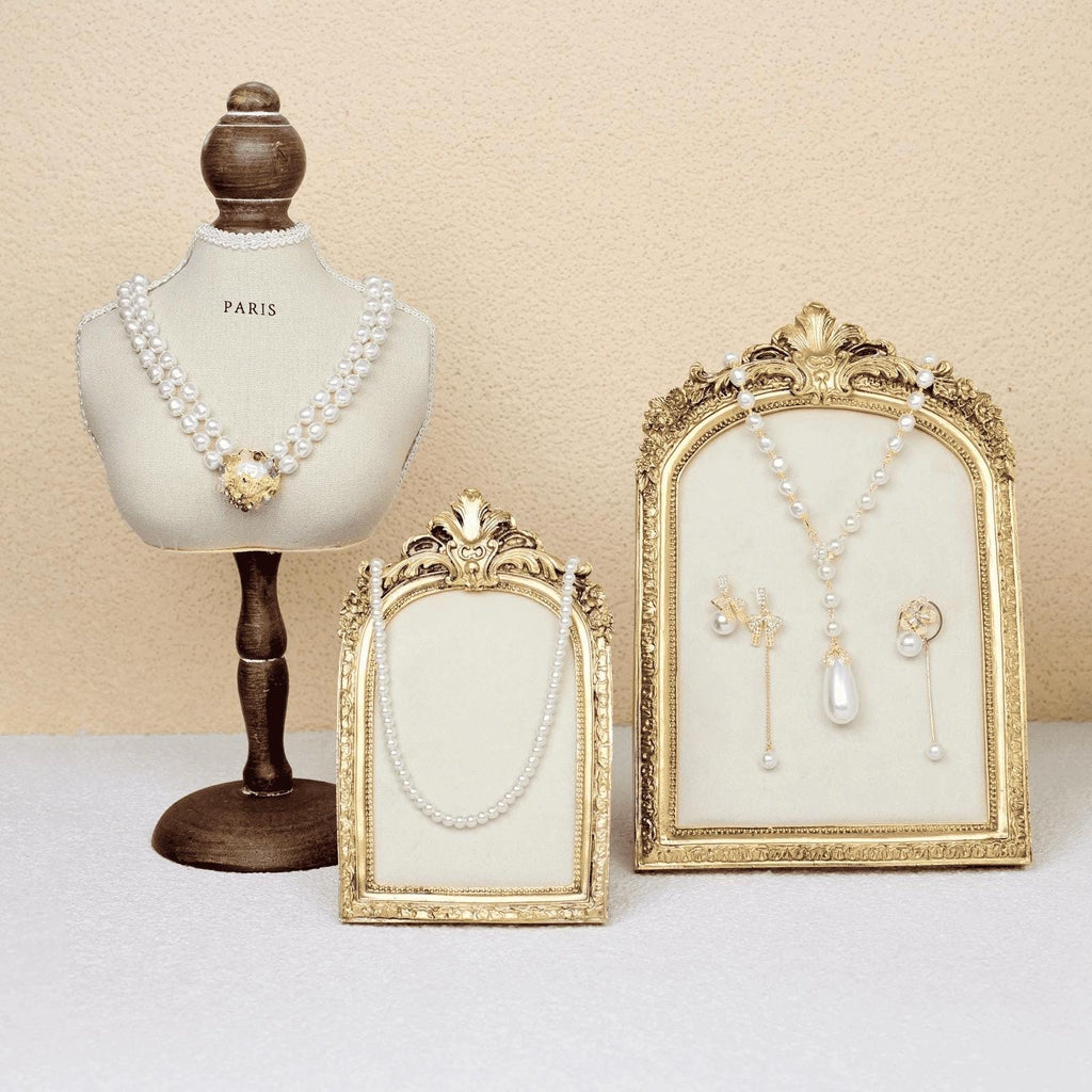 Baroque Velvet Jewelry Display Set: Gold Framed Necklace Stand & Trays