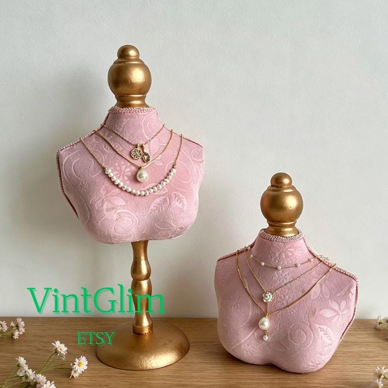 Pink Mannequin Bust Necklace Display Set, Velvet Jewelry Stand for Retail Jewelry Shop Business
