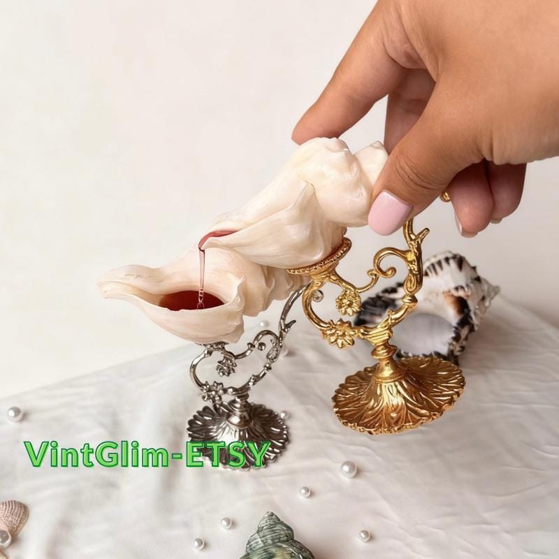 Handmade Conch Shell Cup with Metal Stand: Coastal Home Decor