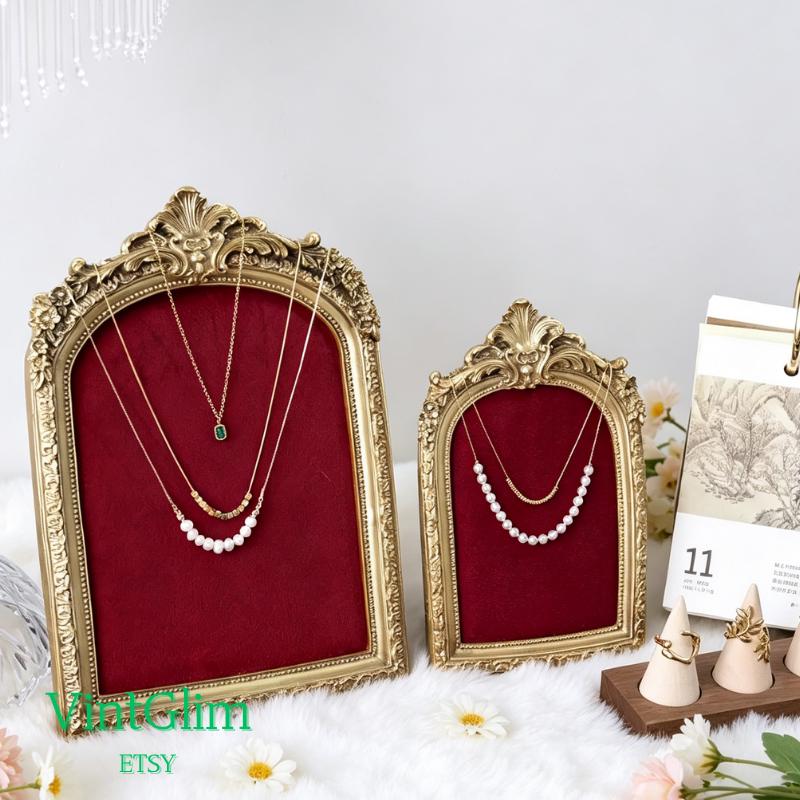 Red Velvet Jewelry Display Frame, Pinboard, Ornate Gold Baroque, Dark Wood Stand
