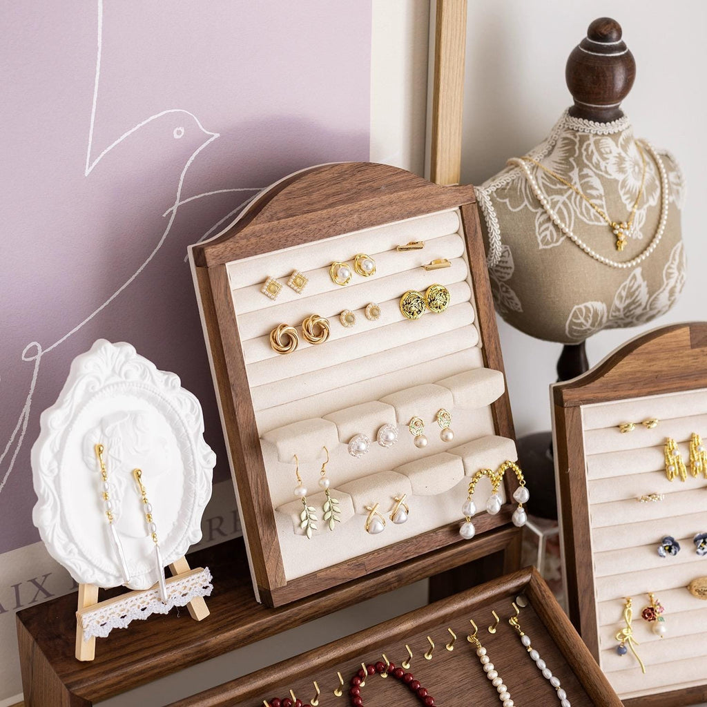 Walnut Wood Jewelry Holder Stand: Velvet Lined Ring, Necklace & Earring Display