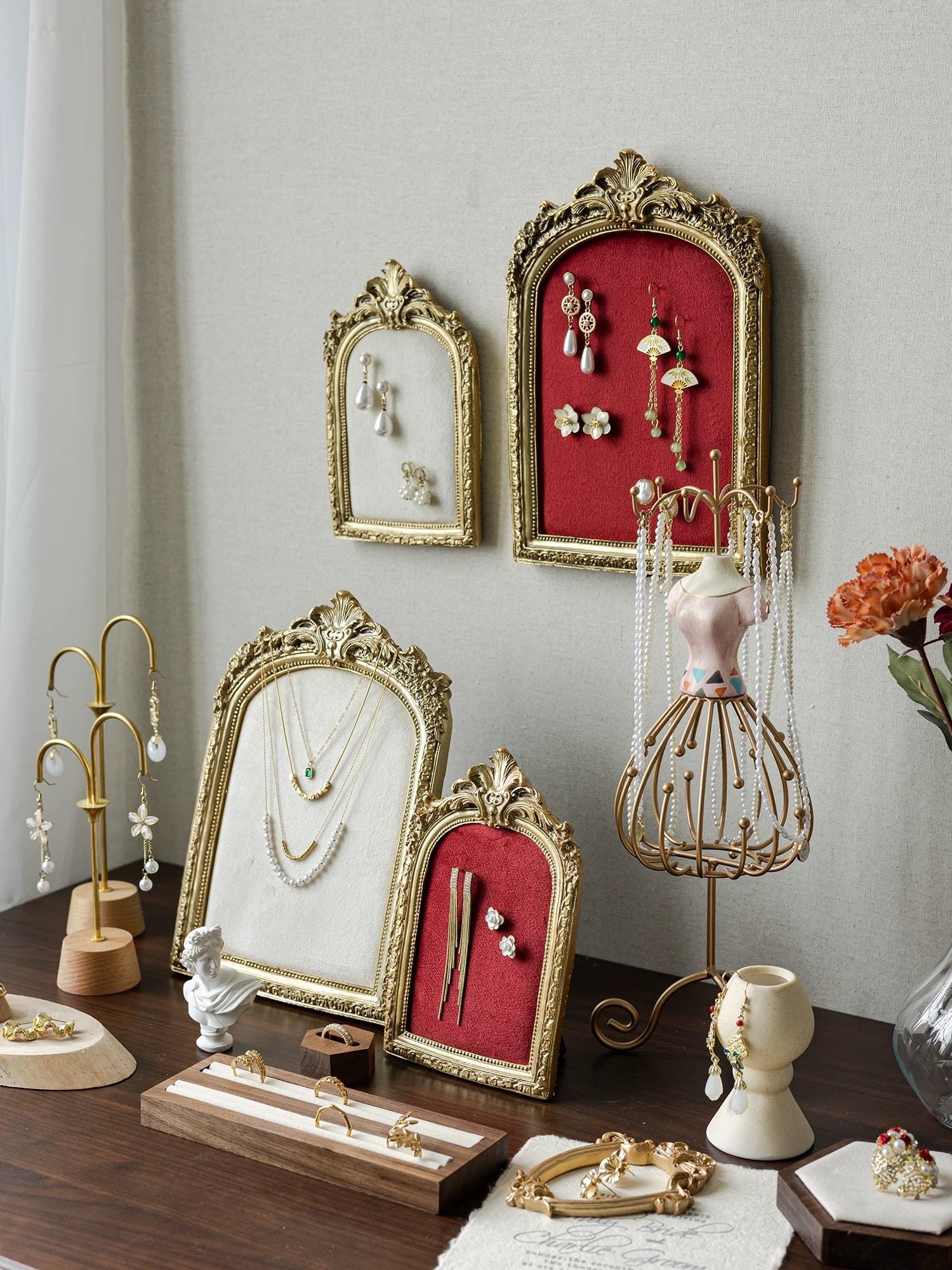 Baroque Velvet Jewelry Display Stand: Necklace & Ring Holder, Ivory or Burgundy