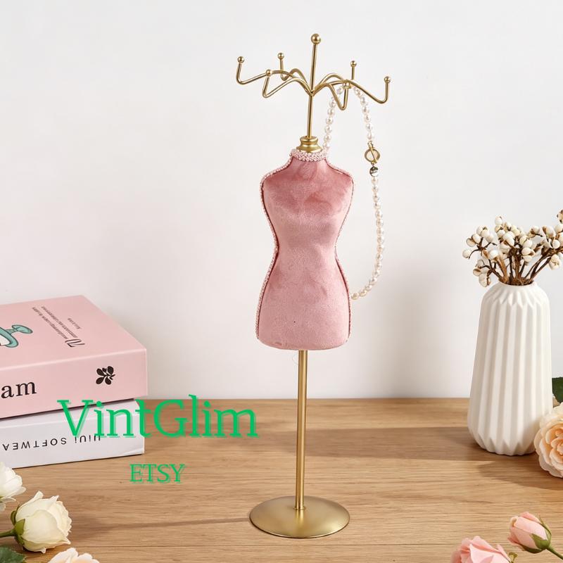 Velvet Jewelry Display Stand Set, Pink Gold Elegant Organizer for Rings Necklaces Earrings