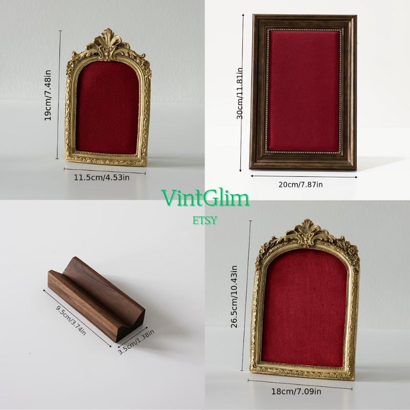 Red Velvet Jewelry Display Frame, Pinboard, Ornate Gold Baroque, Dark Wood Stand
