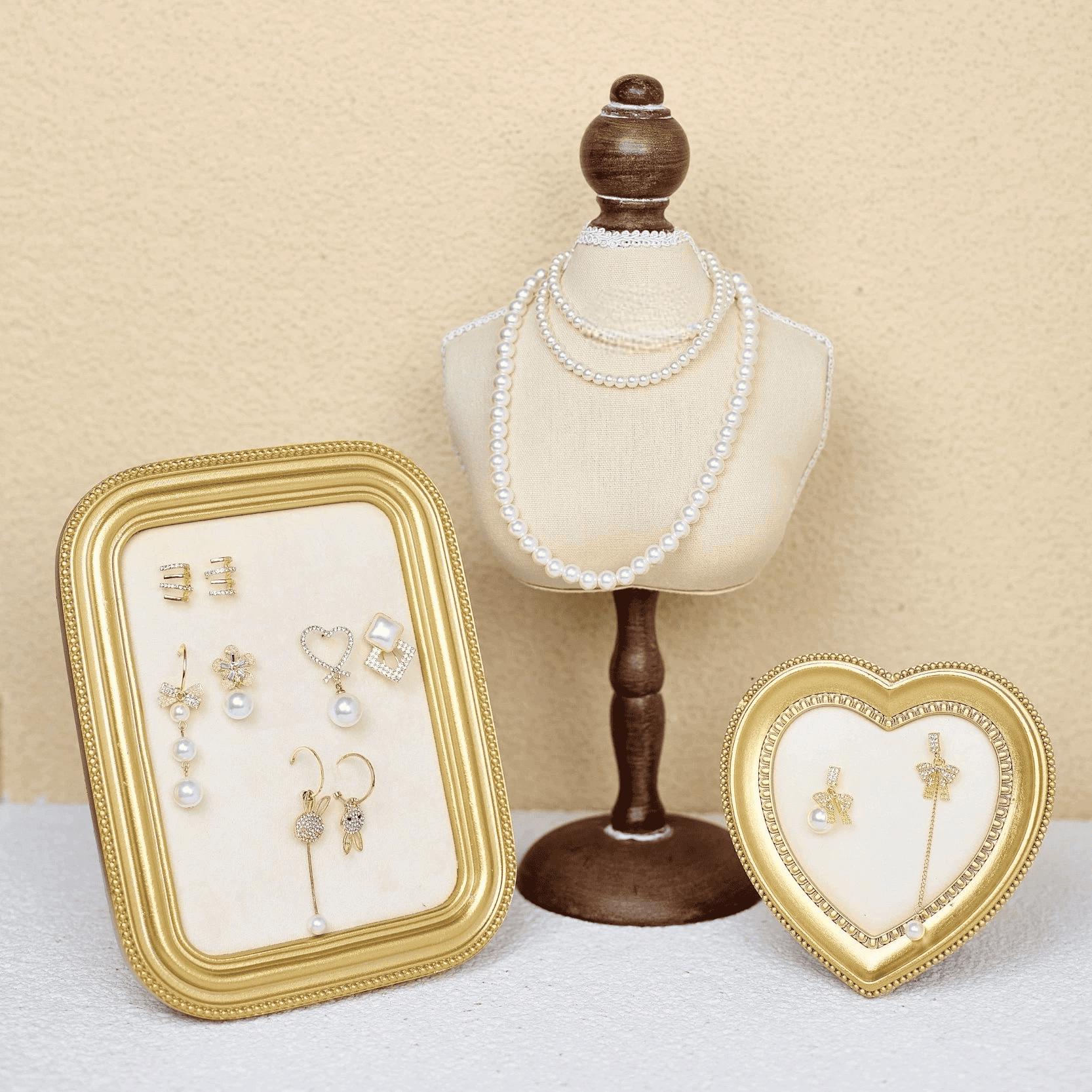 Baroque Velvet Jewelry Display Set: Gold Framed Necklace Stand & Trays