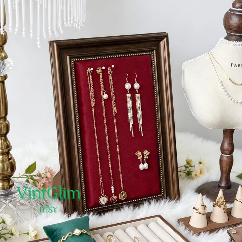 Red Velvet Jewelry Display Frame, Pinboard, Ornate Gold Baroque, Dark Wood Stand
