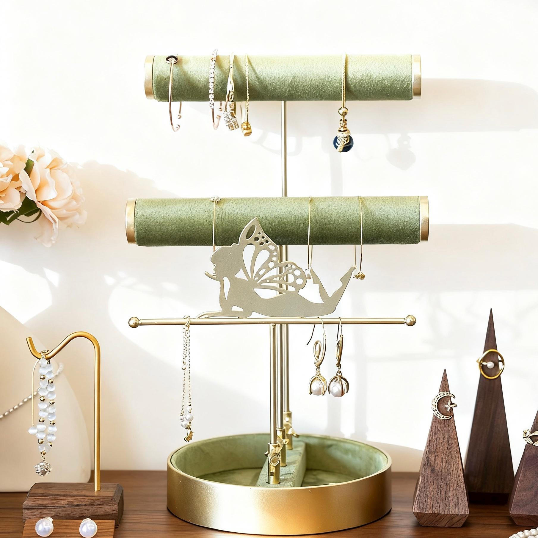 Gold & Green Velvet Jewelry Stand: Baroque Fairy Design Organizer,Necklace Earring Holder Gift