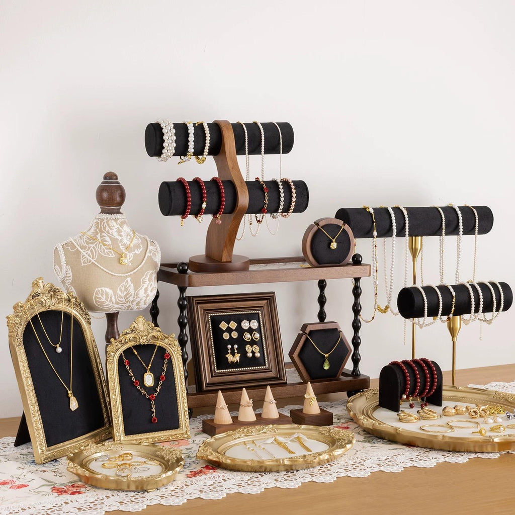 Ebony Velvet Jewelry Display: Vintage Baroque Necklace, Ring & Earring Holder