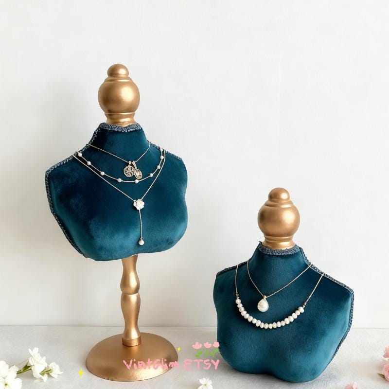 Velvet Baroque Necklace Bust Stand: Teal & Gold Jewelry Display