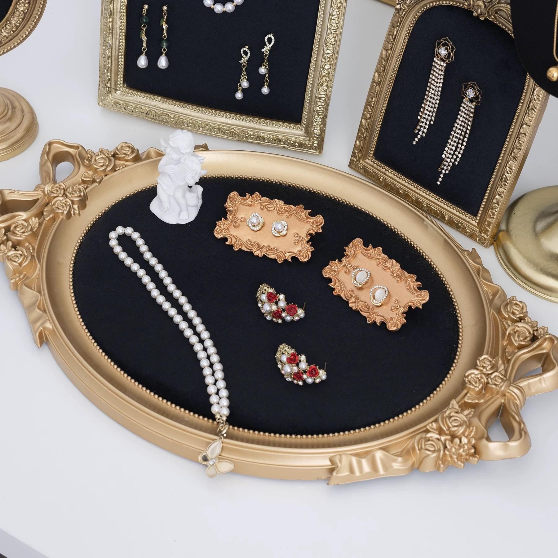 Baroque Gold Jewelry Stand Set: Necklace & Earring Display Tray, Classic Ebony, Home Decor Gift