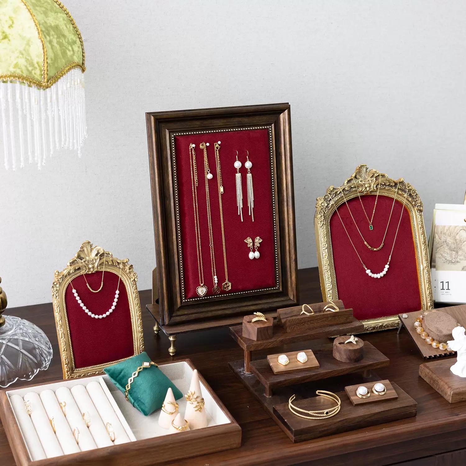 Burgundy Velvet Jewelry Display Set: Baroque Necklace, Ring & Earring Holder