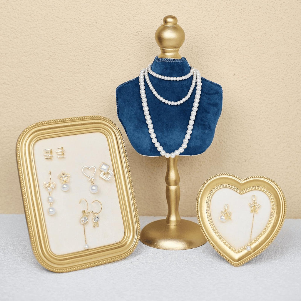 Baroque Velvet Jewelry Display Set: Gold Framed Necklace Stand & Trays