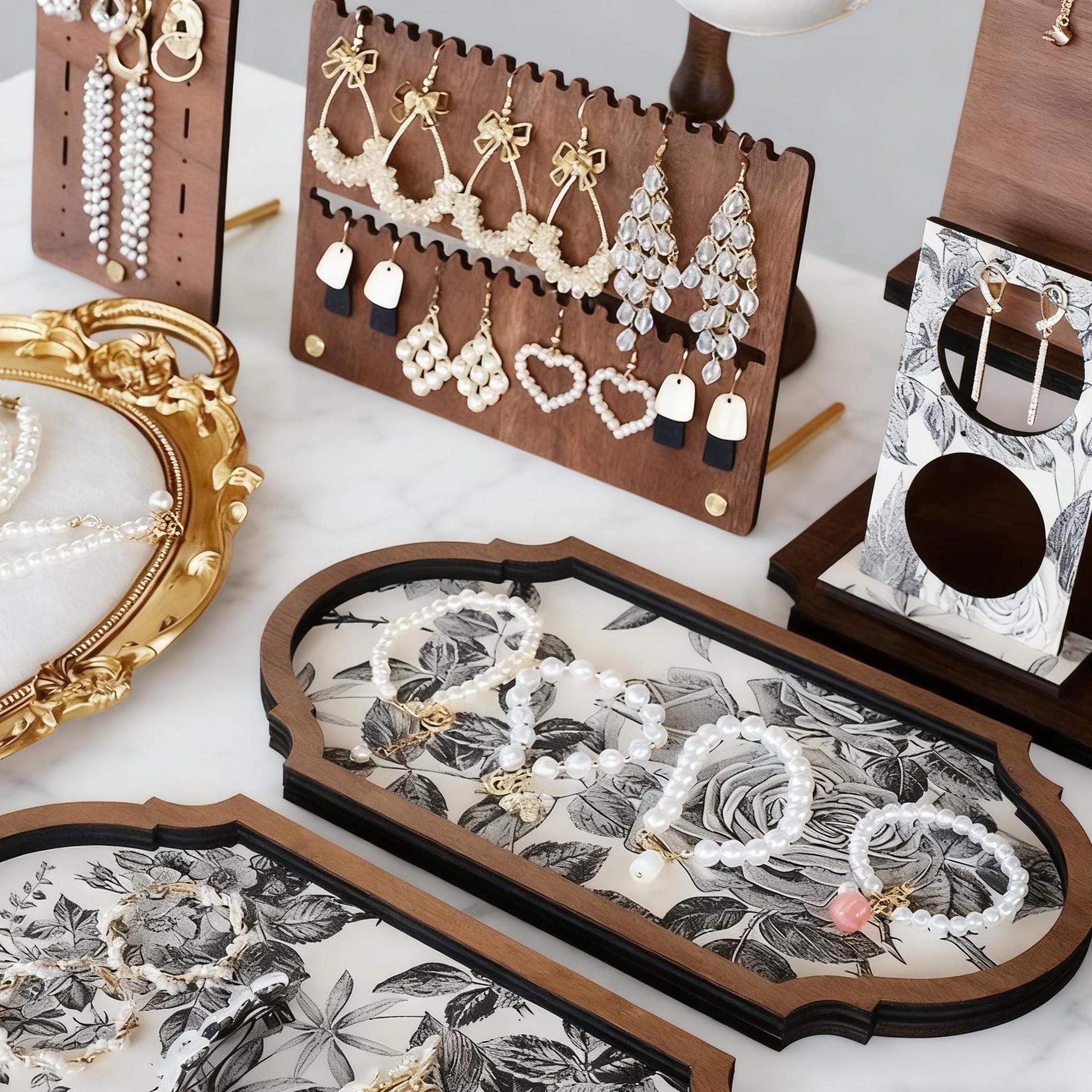 Baroque Wooden Jewelry Organizer Set: Luxury Necklace & Ring Holder,Vanity Organizer