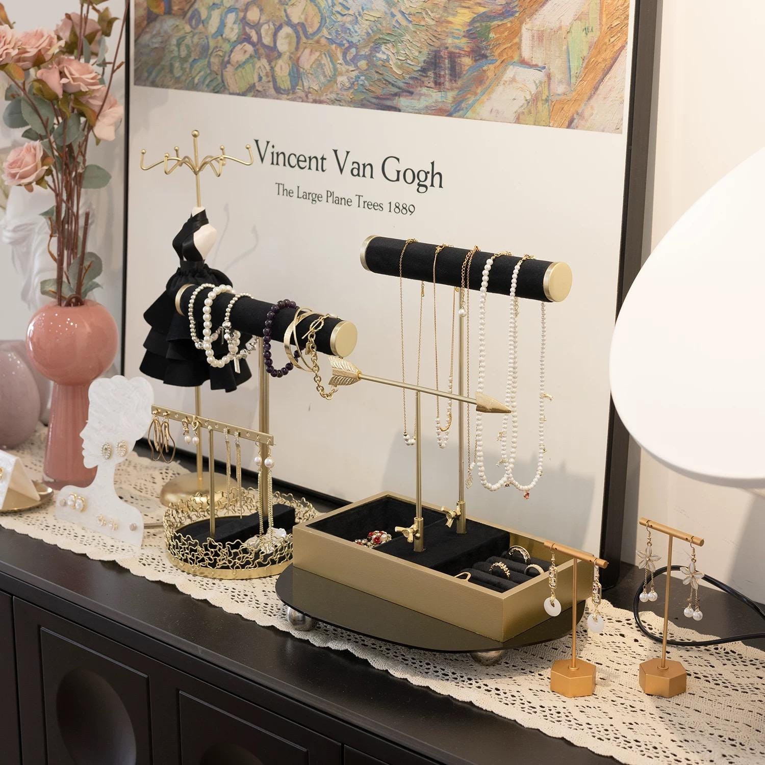 Gold-Tone Scroll Necklace Stand: Black Velvet Jewelry Display