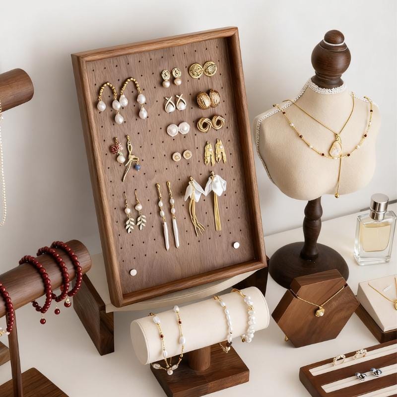 Baroque Wooden Jewelry Holder Set: Walnut Vanity Display, Bust Necklace Holder, Earring Stand