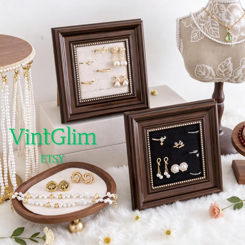 Velvet Lined Wood Frame Jewelry Display Stand, Ring Earring Holder, Desktop Organizer