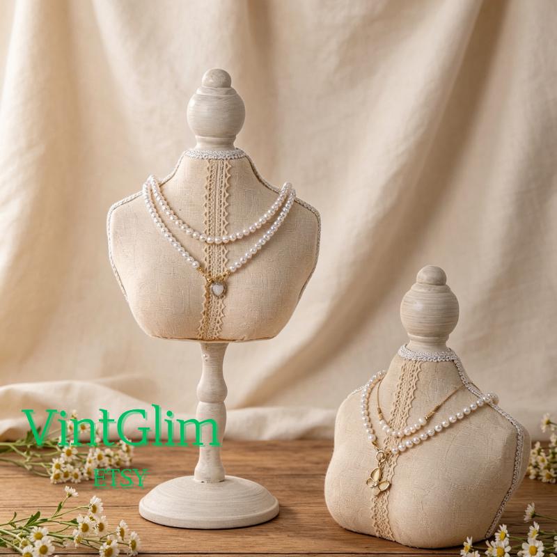 Wood & Velvet Jewelry Display Set, Linen Bust Ring Holders, Mannequin Display