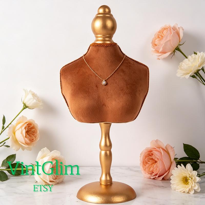 Vintage Orange Velvet Necklace Bust Display, Retail Jewelry Organizer,Pinboard