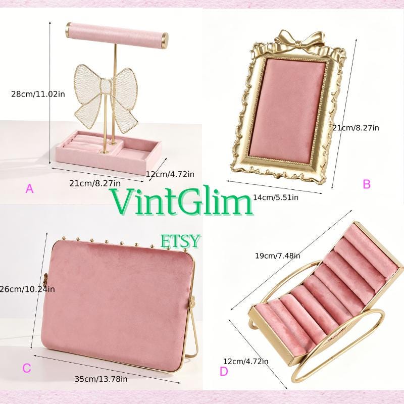 Velvet Jewelry Display Stand Set, Pink Gold Elegant Organizer for Rings Necklaces Earrings