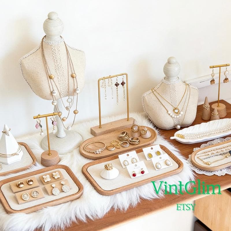 Wooden Jewelry Display Organizer | Linen Bust & Earring Stand for Boutique Retail Display