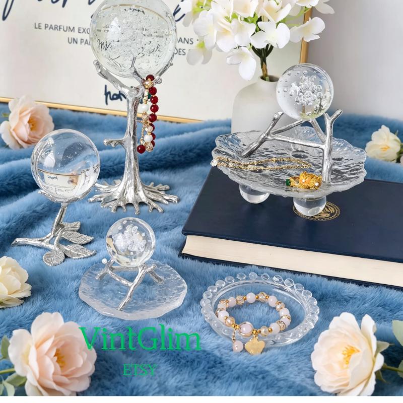 Silver Crystal Ball Display Stand, Metal Sphere Holder & Jewelry Organizer for Home Decor