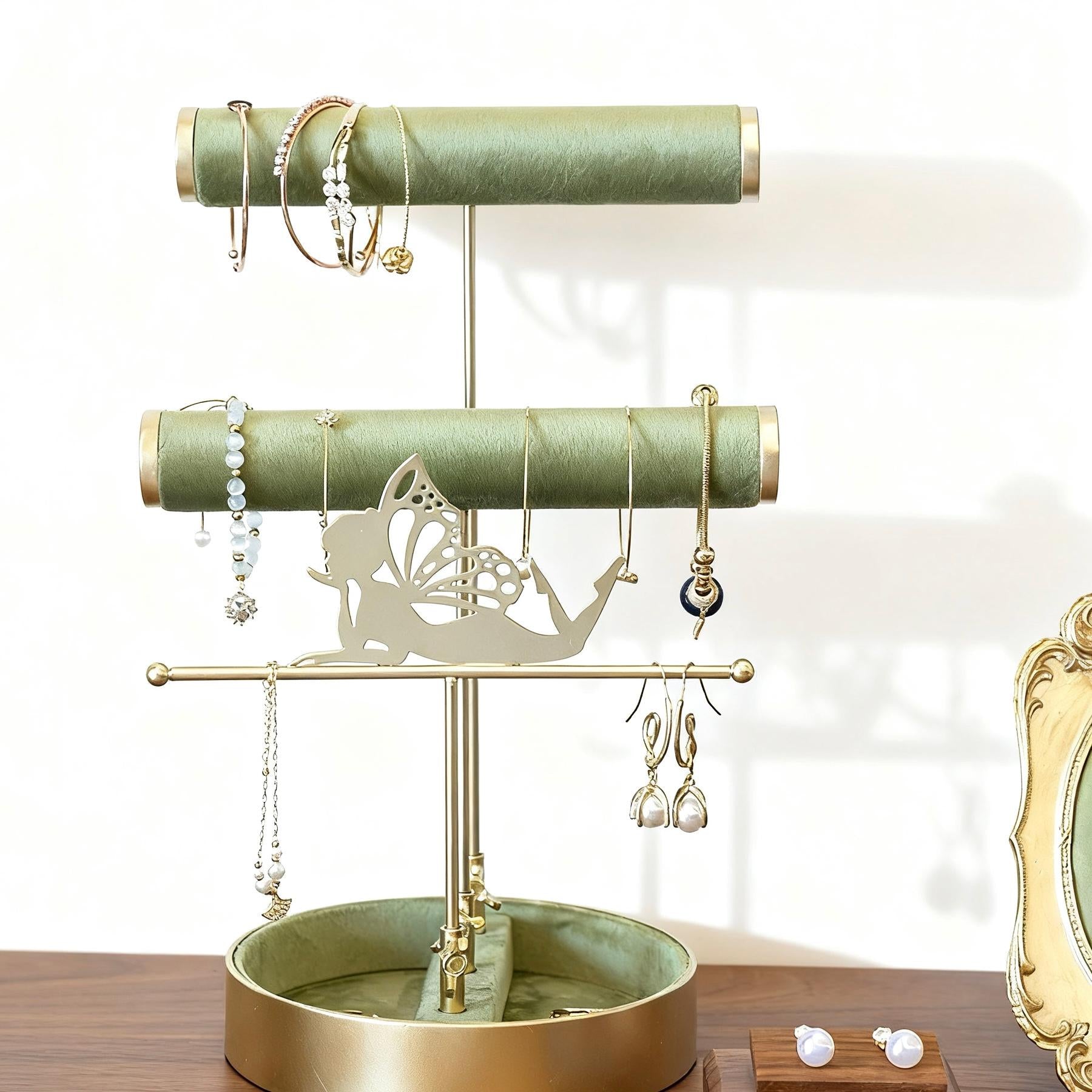 Gold & Green Velvet Jewelry Stand: Baroque Fairy Design Organizer,Necklace Earring Holder Gift
