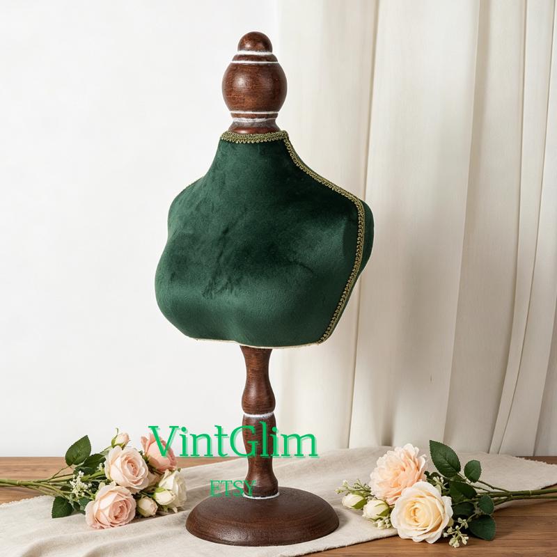 Velvet Bust Necklace Display, Wooden Base Jewelry Mannequin Stand for Photoshoot & Retail, Home Decor
