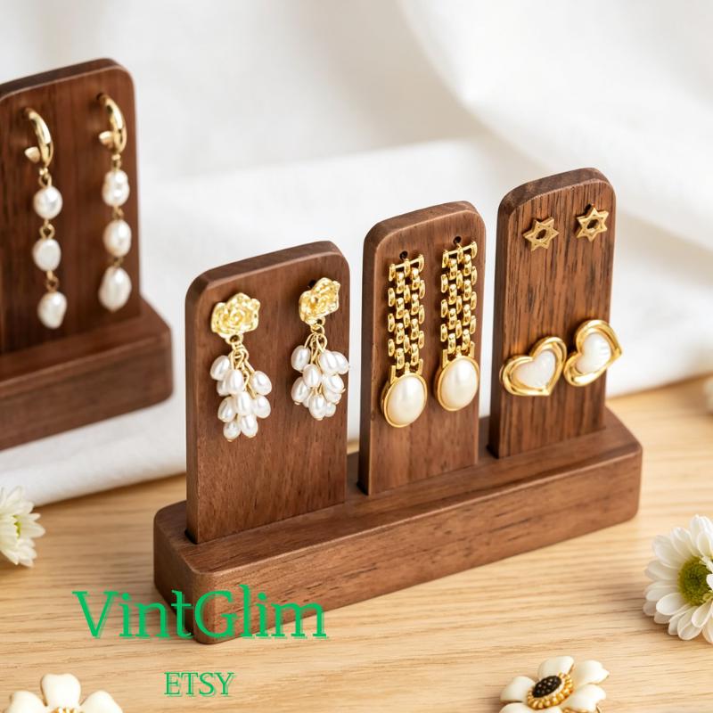 Walnut Wood Earring Display Stand, T-Bar Jewelry Holder for Retail