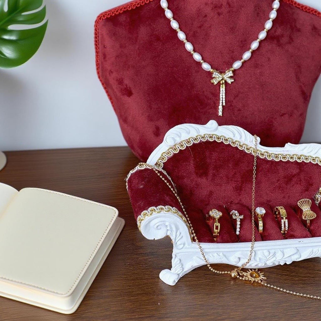 Red Velvet Necklace Holder with Mini Sofa Ring Trays: Baroque Jewelry Organizer