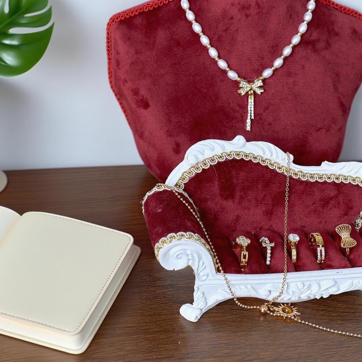 Red Velvet Necklace Holder with Mini Sofa Ring Trays: Baroque Jewelry Organizer